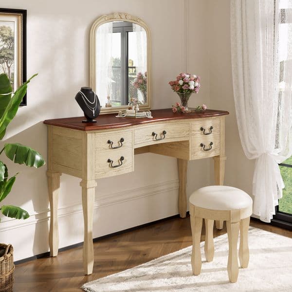 Vintage Makeup Vanity with Curved Flower Frame Mirror Elegant Dressing Table with 5 Drawers and Leather Stool Vanity Desk with Solid Wood Legs and Antique Handles 46"