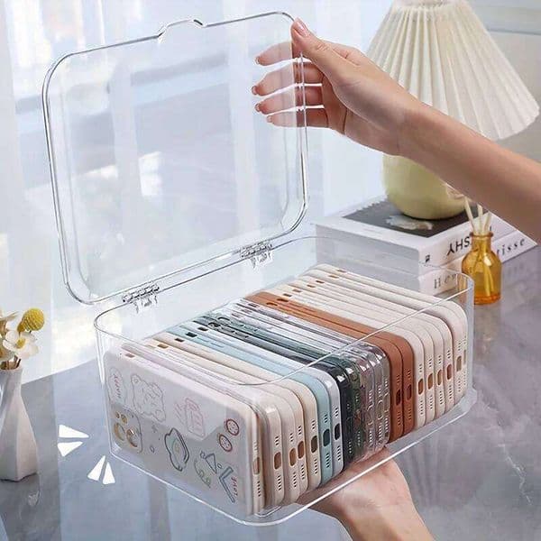 Clear Acrylic Phone Case Organizer with Lid - Versatile Desktop Storage Basket for Home and Office Essentials 26L0203