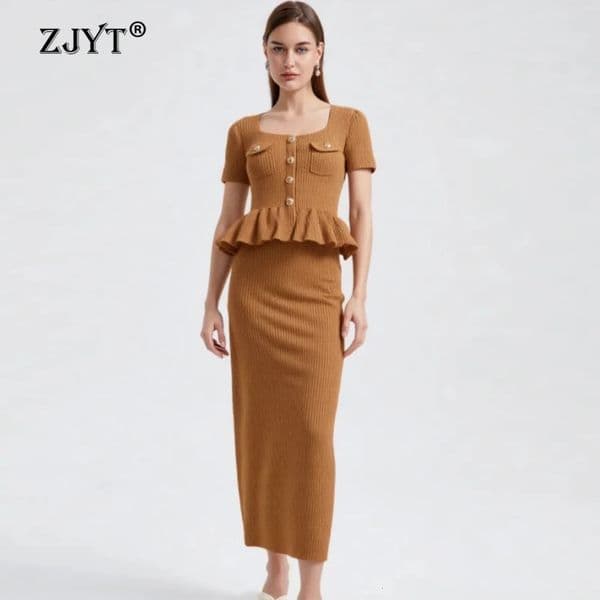 ZJYT Fashion Summer Long Knit Dresses for Woman 2026 Short Sleeve Ruffles Slim Fitted Party Dress Sweaters Lady 260129BANJIA