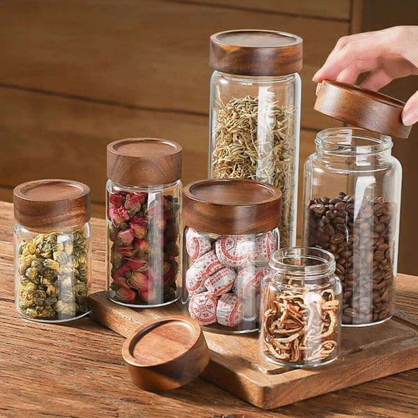 High Borosilicate Glass With Lids Tank Acacia Wood Miscellaneous Grain Sealed Can Storage Pots Split Bottle Spice Jars 26Y0203