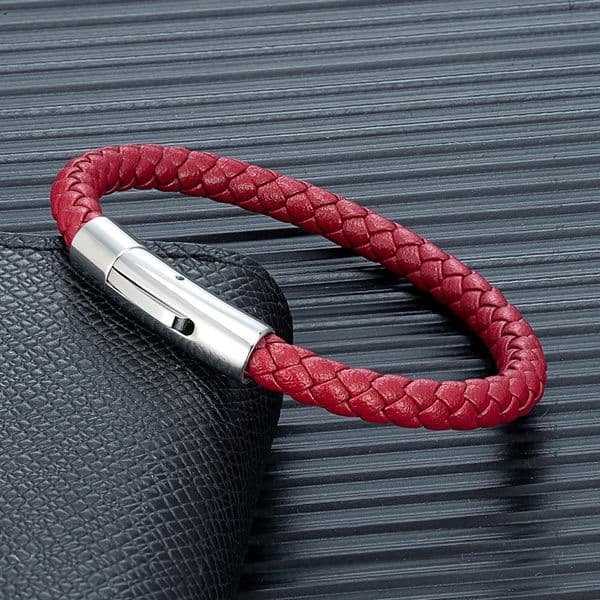 MKENDN 6mm Red Braided Leather Bracelet for Men Women Stainless Steel Button Jewelry Unisex Couple Gift Classic Simple n 260128