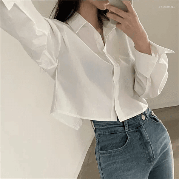 Women's Blouses Spring Casual Long Sleeve Women White Shirt Korea Style Solid Button Split Woman Crop Tops Blouse Party Clothing