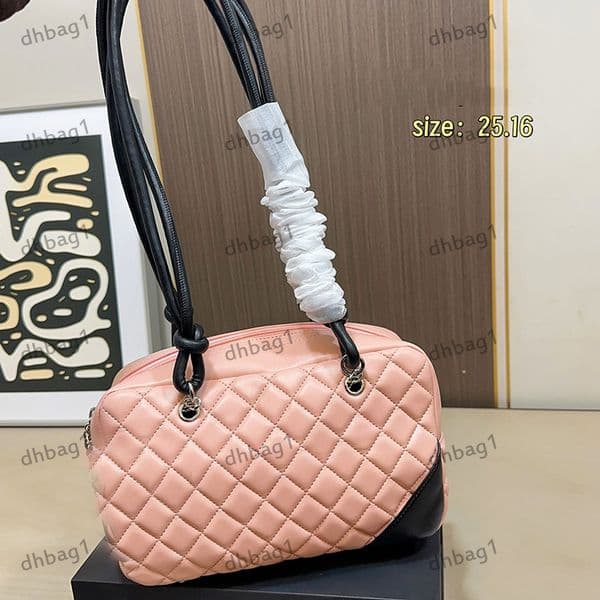 Bowling Ball Underarm Luxury Handbag Designer Lady Shoulder Bag Genuine Leather Two-Tone Checkered Pattern Silver Metal Zipper Luxury Handbag Casual Sacoche 25cm