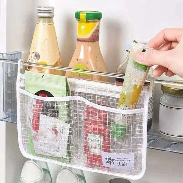 Refrigerator Storage Net Bag Double Compartment Hanging Mesh Organizer for Sauce Packets Spices Kitchen Pantry Organization 26Y0203