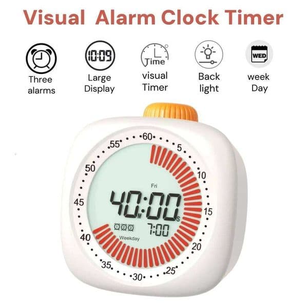 Pomodoro Digital Visual Timer with 3 Alarm Clock, All In One 60min Study Kitchen Shower Blacknight Cute Timer, Time Manager Tool 26Y0203