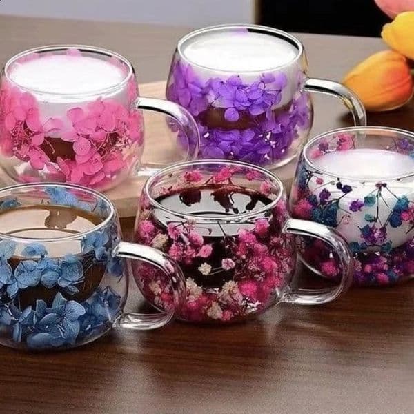 350ml Double-layer Dried Flower Glass Cup High Temperature Resistant Coffee Cup with Handle Dried Flower Decorative Milk Tea Cup 260124