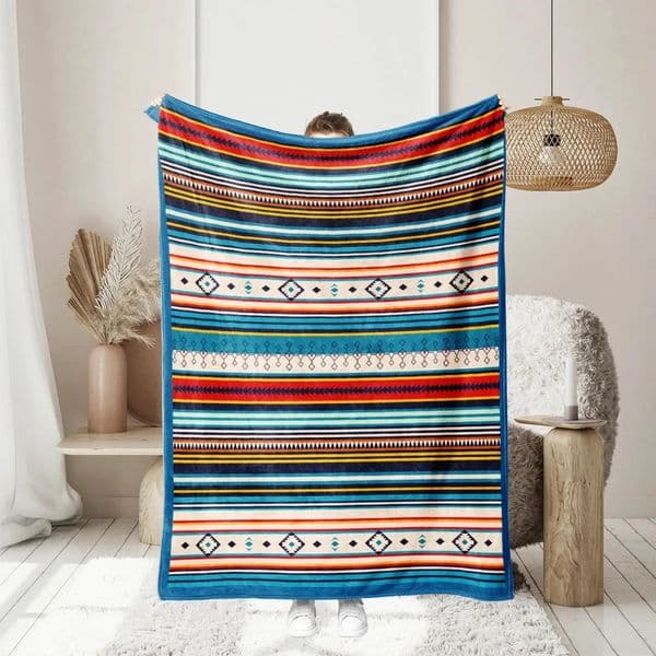 1PC Bohemian Striped Plush Blanket Warm Versatile for Sofa Bed Office Travel Camping 260130