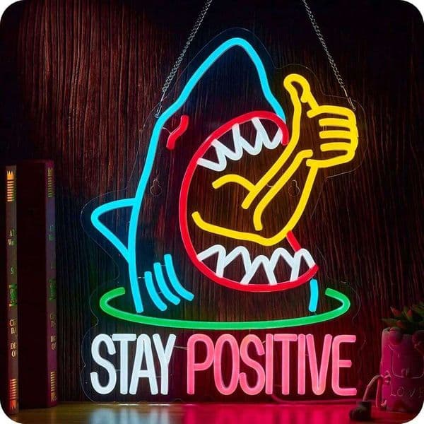 USB Dimmable Stay Positive Shark Neon Sign with Thumbs Up Motivational LED Wall Art for Bedroom Living Room Bar Cafe Decor Gift 26Y0203