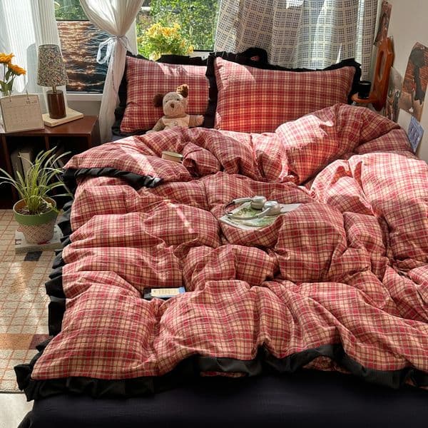 Plaid Bedding Set Double Yarn Classic Vintage Duvet Cover Flat Sheets 2 Pillowcases Single Twin Full Queen Size 260122BJ