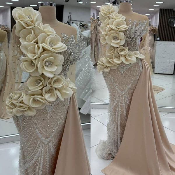 Champagne Mermaid Prom Dress 2026 Evening Dresses Elegant Formal Gowns Flora Sheer Neck Illusion Beaded Lace Crystals Birthday Dress Second Reception Gown AM3227