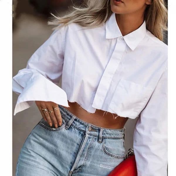 Women Long Sleeve Korean KPOP Shirt Spring Fashion Ladies Club Street Sexy Short White Top Blouse 260127