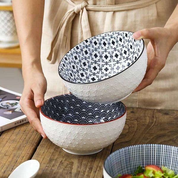 Nordic Style 6-inch Soup Bowl Underglaze Ceramic Tableware Household Instant Noodle Restaurant Simple Creative Embossed Ramen 26W0204