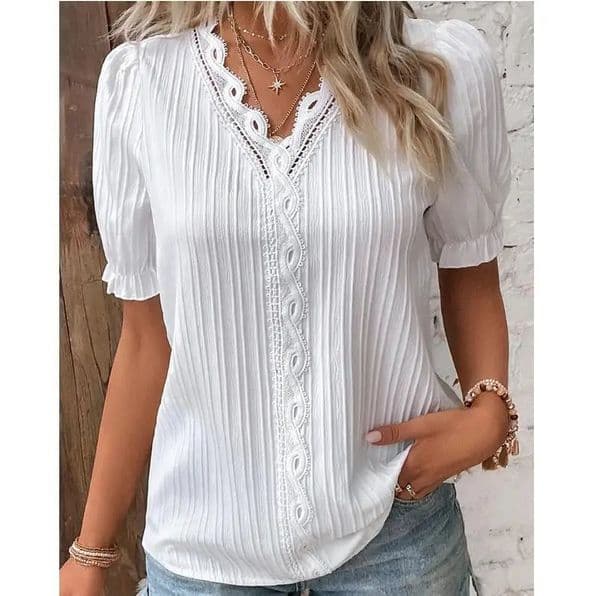 Womens Summer Top Solid Sexy VNeck Hollow Short Sleeve Shirt Fashion Splice Plus Size Blouse Loose Street Apparel 250203