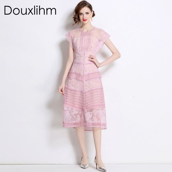 Douxlihm Free Shipping New Designer Clothing 2026 Summer European Style Palace Embroidery Floral Waist Cinching Sweet Little Dress Mid Length Dress