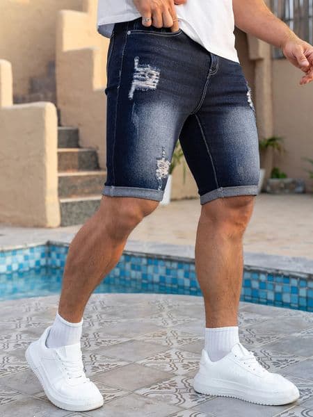 Mens Ripped Dark Blue Slim Fit Faux Denim Shorts Kneelength Elastane Pants for Summer Wear 250203
