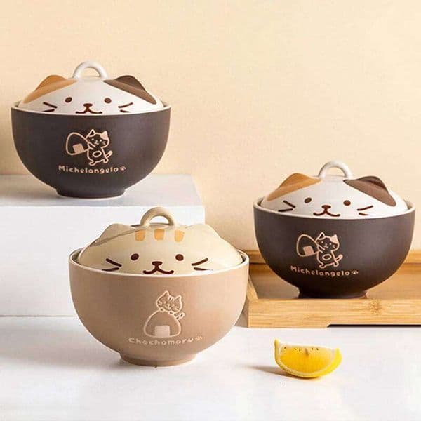550ml Cartoon Cat Ceramic Instant Noodle With Lid Underglaze Color Soup Salad Bowl Kitchen Office Student Lunch Box 1pcs 26W0204