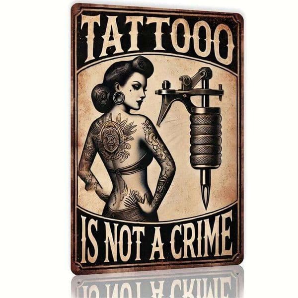 Metal Wall Art Sign - "Tattoo Is Not a Crime" Retro Tin Decor with Intricate Tattoo Design, Perfect for Bars, Cafes, Bea 26Y0204
