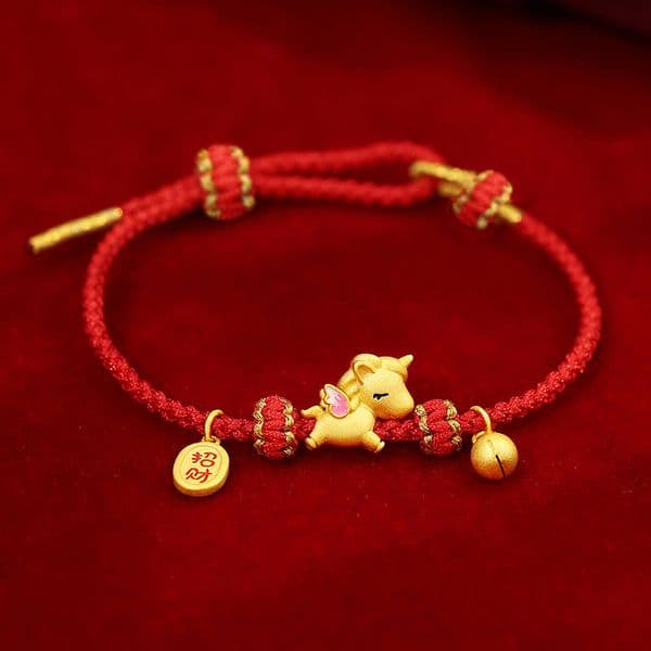 Ancient Golden Flying Unicorn Bracelet for Women, Original Lucky Cute Red String, Pure Silver Zodiac Year of the Horse