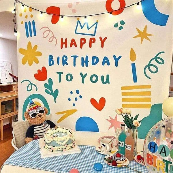 Happy Birthday Background Tapestry Cloth Kawaii Children's Room Wall Decoration Kids' Dormitory Cartoons Home Party Decor 26H0204