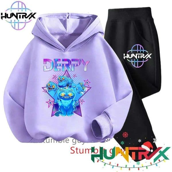 Boys Cartoon Kpop Demon Hunters Kids Hoodie Set Girls Autumn Purple Warm Soft Trendy Anime Print Comfortable 2-Piece Outfit X260205
