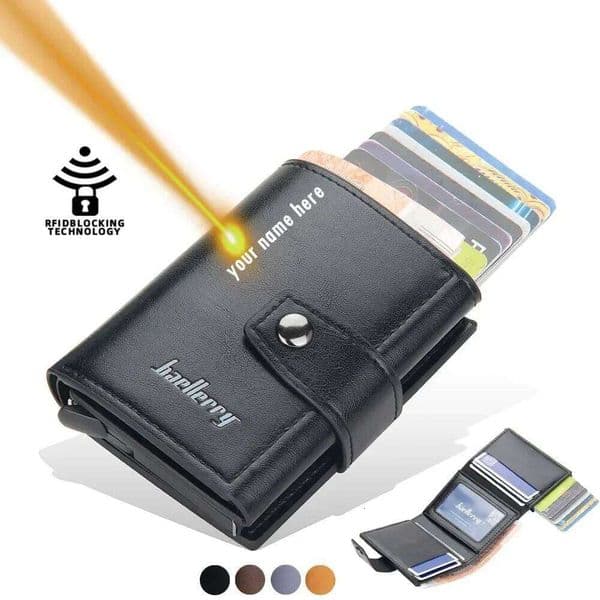 Personalized Men's Aluminum Card Holder RFID Blocking PU Leather Wallet - Engraved Name for Credit/Bank Cards & ID Protection Z260205