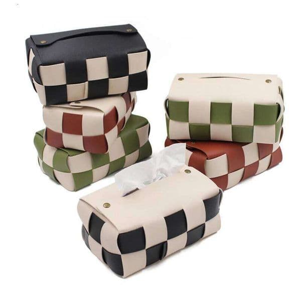 Checkerboard Woven Waterproof PU Leather Storage Box Square Car Tissue Organizer Desktop Home Decoration 26Y0205