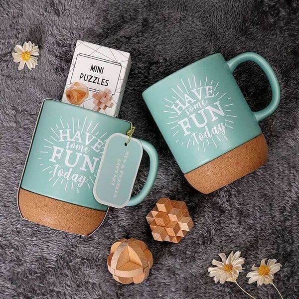 Premium Creative 13OZ Stoneware Mug & Wooden Puzzles Porcelain Milk Coffee Cup Ceramic Set Birthday Gift for Couples 26W0204