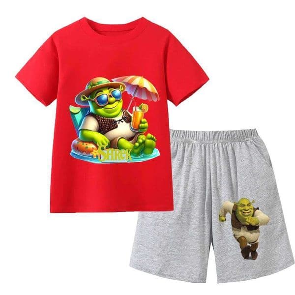 Boys Anime Cartoon Shrek Print Summer Fashion Clothing Suits Children's Short Sleeved Girls O-neck Casual T-shirt+short Set X260205