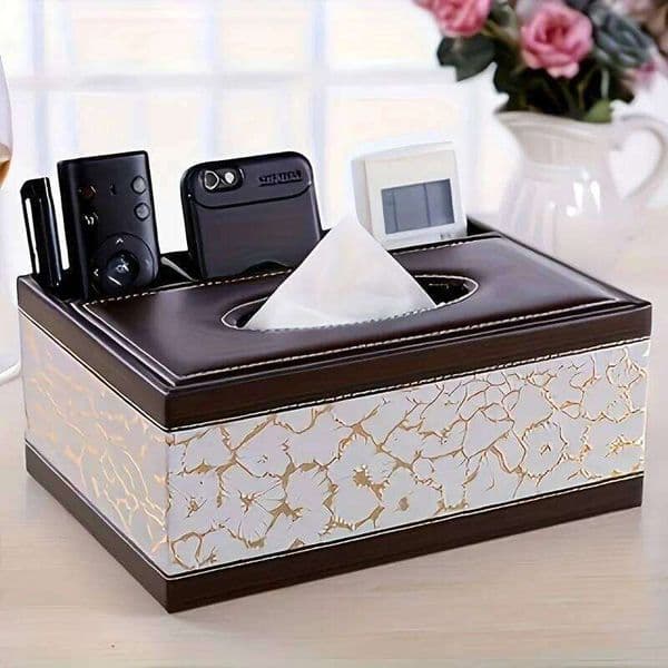 Elegant Faux Leather Tissue Box Cover with Remote Holder - Stylish Living Room Decor, Desktop Storage Organizer 26Y0205