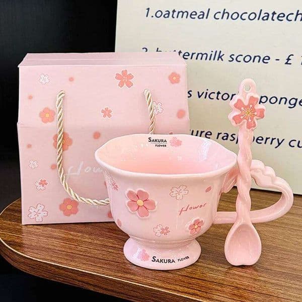 Sakura Relief Ceramic Mug with Spoon Pink Cute High Foot Design for Women Home Use Coffee Cup Souvenir Gift 26W0204