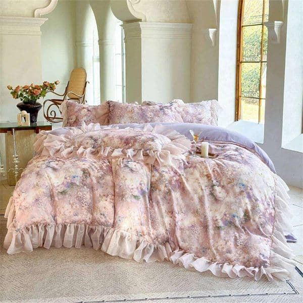 Pink Flower Bedding Soft Bedroom Decor Comforter Ruffles Duvet Cover Pillowcase Bed Sheet Luxury Home Four Pieces Set L260205