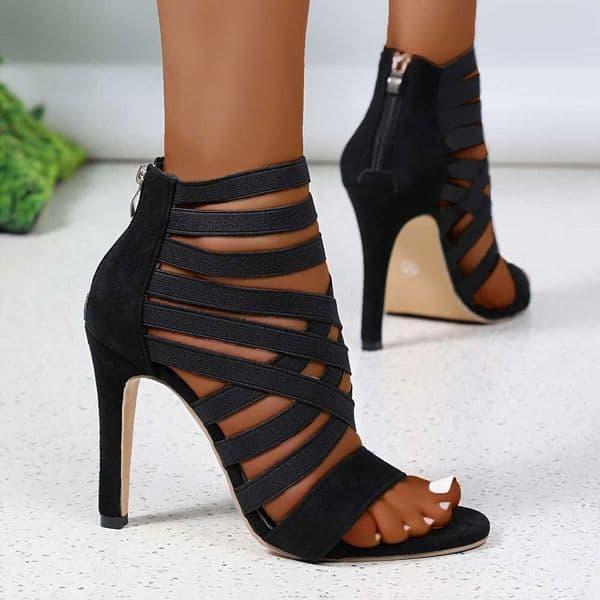 Sexy Strappy Stiletto Heel Sandals Women Solid Color Open Toe Zipper Closure Flannel Upper With Man Made Inners TPU Sole Versatile Fashion High Heels For