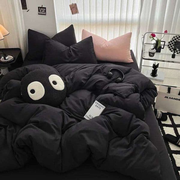 Pure Black Duvet Microfiber Solid Color Bedding Set,3pcs Comforter Home Bedroom Decor Quilt Cover with 2 Pillowcase 26Y0205
