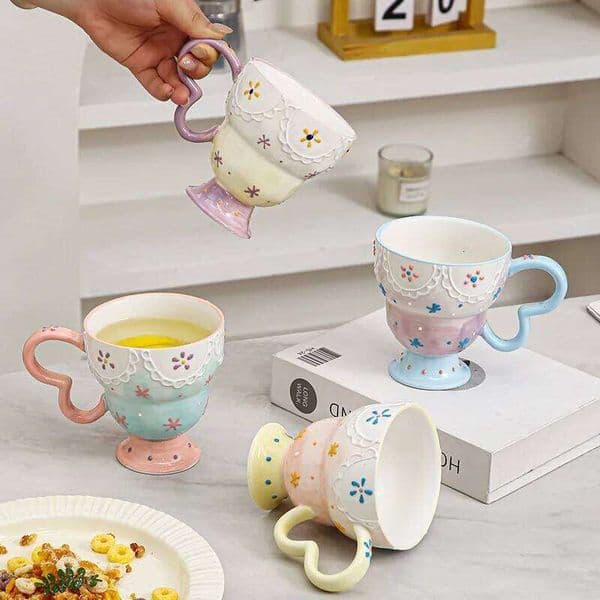 1PC Elegant Romantic Relief Ceramic Cup Mug Office Creative Breakfast Milk Goblet Household Anti-scalding Tableware 26W0204