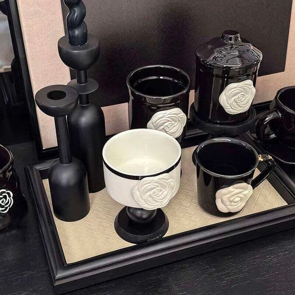 Vintage Camellia Embossed Coffee Mug Ceramic Globot Cup, Stylish Retro Luxury Drinkware for Home Use 26W0204