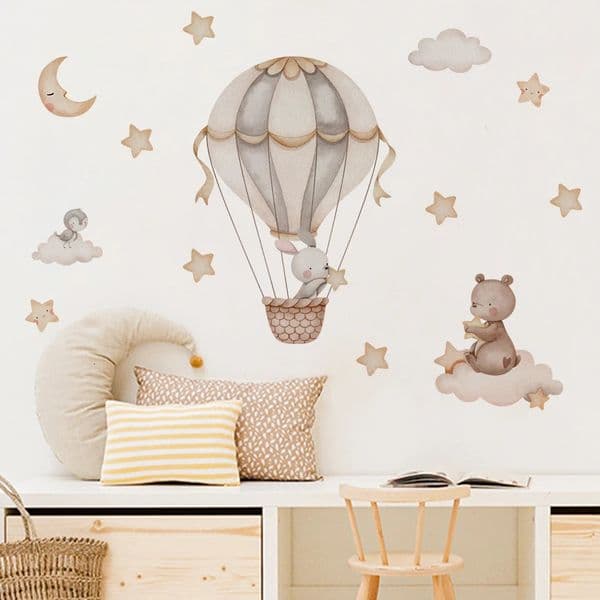 Cartoon Air Balloon Animals Bear Rabbits Wall Stickers for Child Room Boy Decoration Nursery Baby Decal 260203