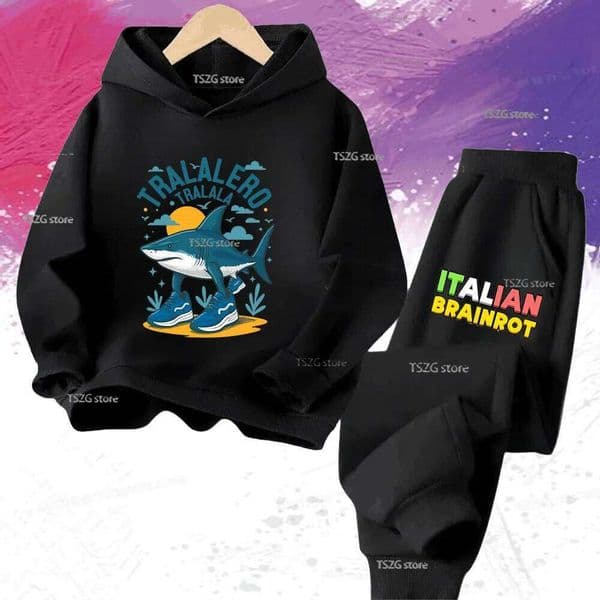 Children's Italian Brainrot Print Kid Hoodies Pants Suit 2pcs Set Casual Autumn Trulalero Trulala Boy Girl Long Sleeve Tracksuit X260205