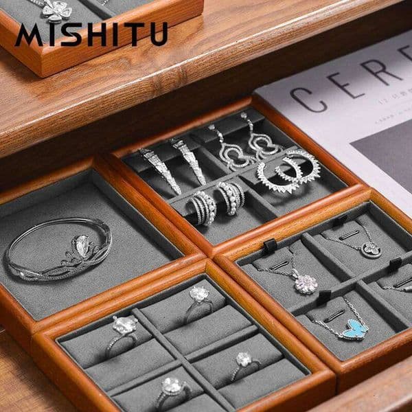 MISHITU Wooden Display Tray Ring Earrings Necklace Pendant Plate Jewelry Storage Organizer 26Y0206