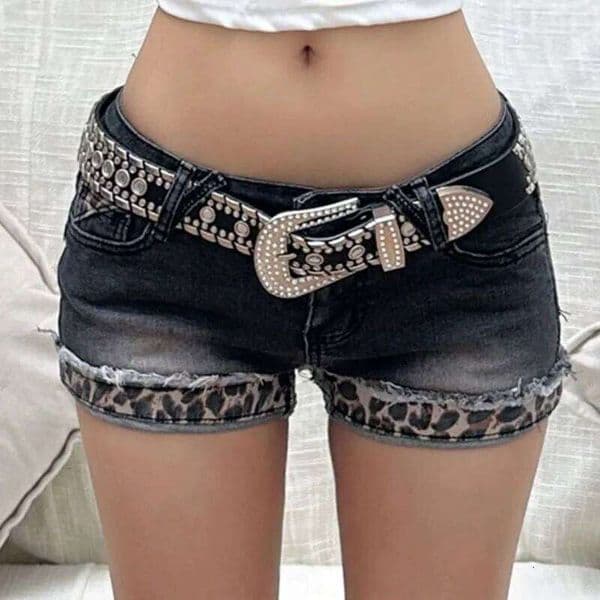 Harajuku Vintage Denim Y2K Women Grunge Coquette Low Rise Skinny jean Shorts Woman Sexy Leopard Print Mini Short Pants XJ260206