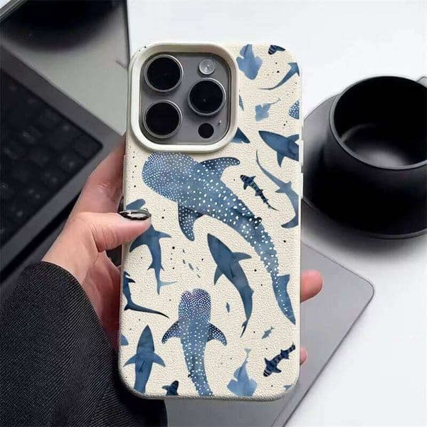 Ocean Shark Whale Pattern Phone Case For iPhone Air 14 13 12 Max 16 17 15 Pro 16e 11 Leather Texture TPU Cover J260205