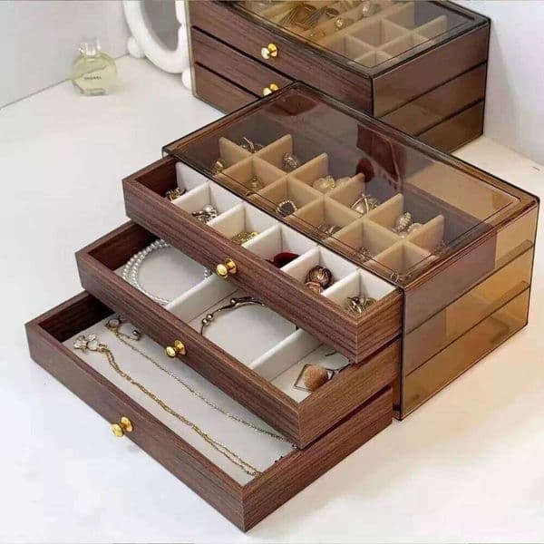 Multi-layer Wooden Box Transparent Window Rings Necklace Jewelry Storage Case Organizer Bracelet Earrings 26Y0206