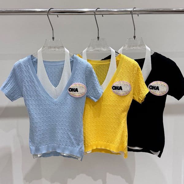 Luxury Women Slim Fit Knitwear Halter Fake Two Piece Patchwork Sexy Knits Tee Summer Birthday Party Webbing Stylish Sweaters
