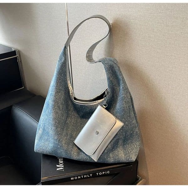 Fashion Blue Denim Tote Bags For Women Summer One Shoulder Bag Versatile Large Capacity Female Diamonds Adorned Bags 260123