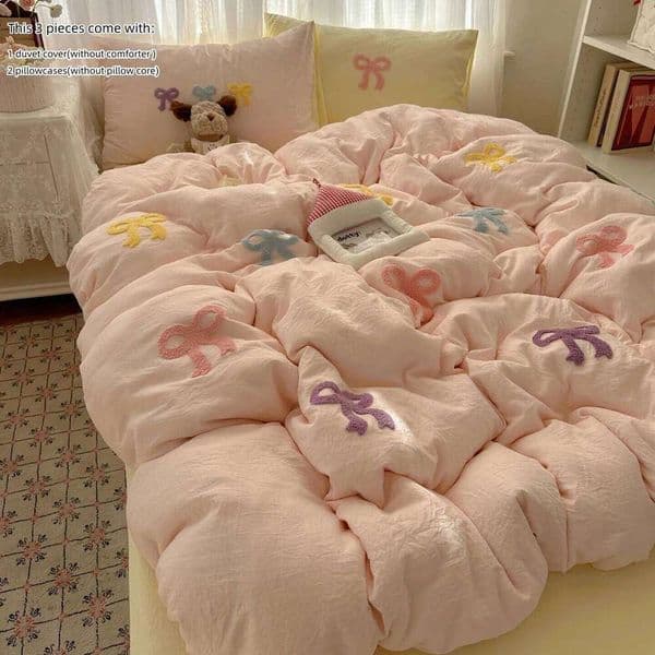 3 Piece Sheet with Chut Bowknot Embroidery Duvet Cover Set, Comfortable Bedding Set Bedspread for All Seasons XJ260206