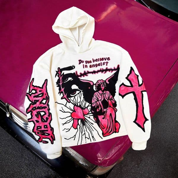 Luxury Brand Designer Clothes 2025 Autumn Winter New Men's Street INS Pink Heart Angel Gothic Font Short Double-Sided Print