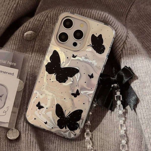 Holographic Black Butterfly Case with Lanyard for iPhone 15 PRO MAX PLUS 14 13 12 Reflective Fashionable Phone Cover J260205