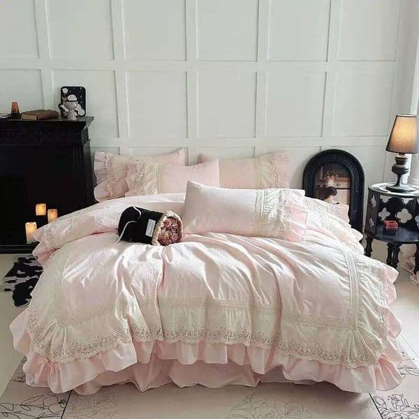 Pink Luxury Princess Wedding Lace Ruffles 100% Cotton Bedding Set Duvet Cover Bed Sheet/Bed Skirt/Fitted Sheet Pillowcases 4Pcs XJ251225
