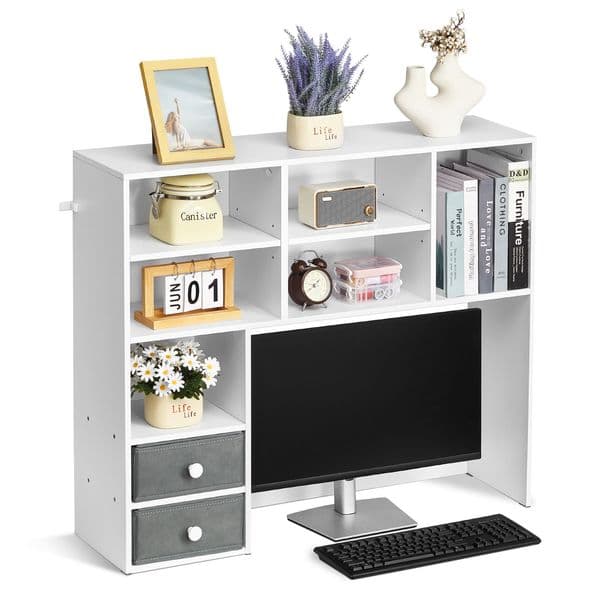 Desktop Bookshelf 3-Tier Desktop Storage Organizer Office Storage Rack Wood Display Shelf Desktop Bookshelf Hutch with Two Fabric Drawers for Office Home & Dorm