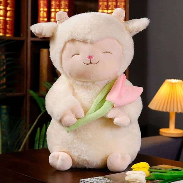 Kawaii Sheep Plushie, Anime Sweet Lam Hold Flower Plush Doll Soft Stuffed Lamb With Tulip Plushie Toy Cute Gift For Kids 26W0206