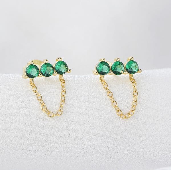 s925 sterling silver emerald green zircon simple and unique chain tassel earrings, trendy earrings